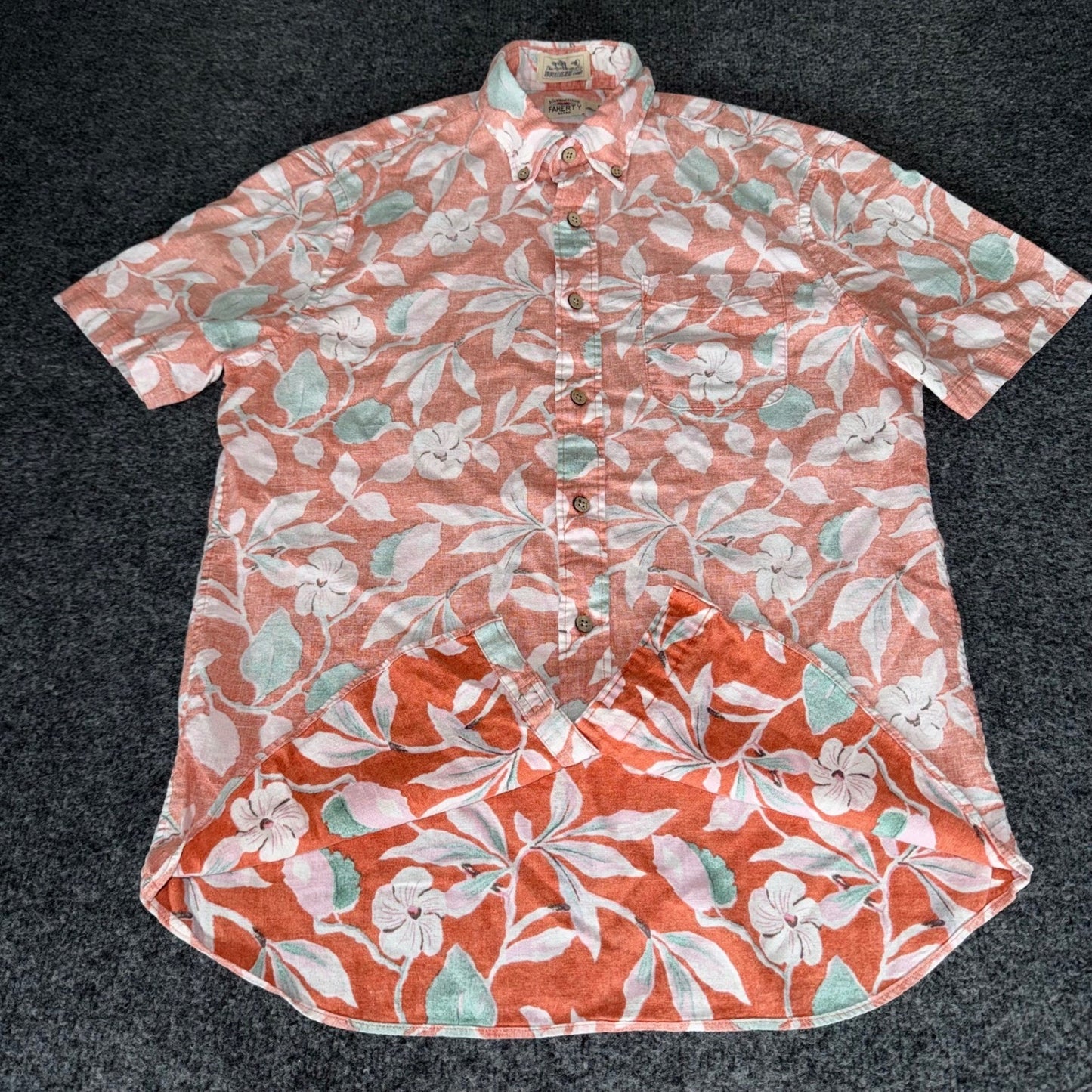 Faherty Breeze Shirt Mens Small Orange Floral Linen Blend Short Sleeve Button Up