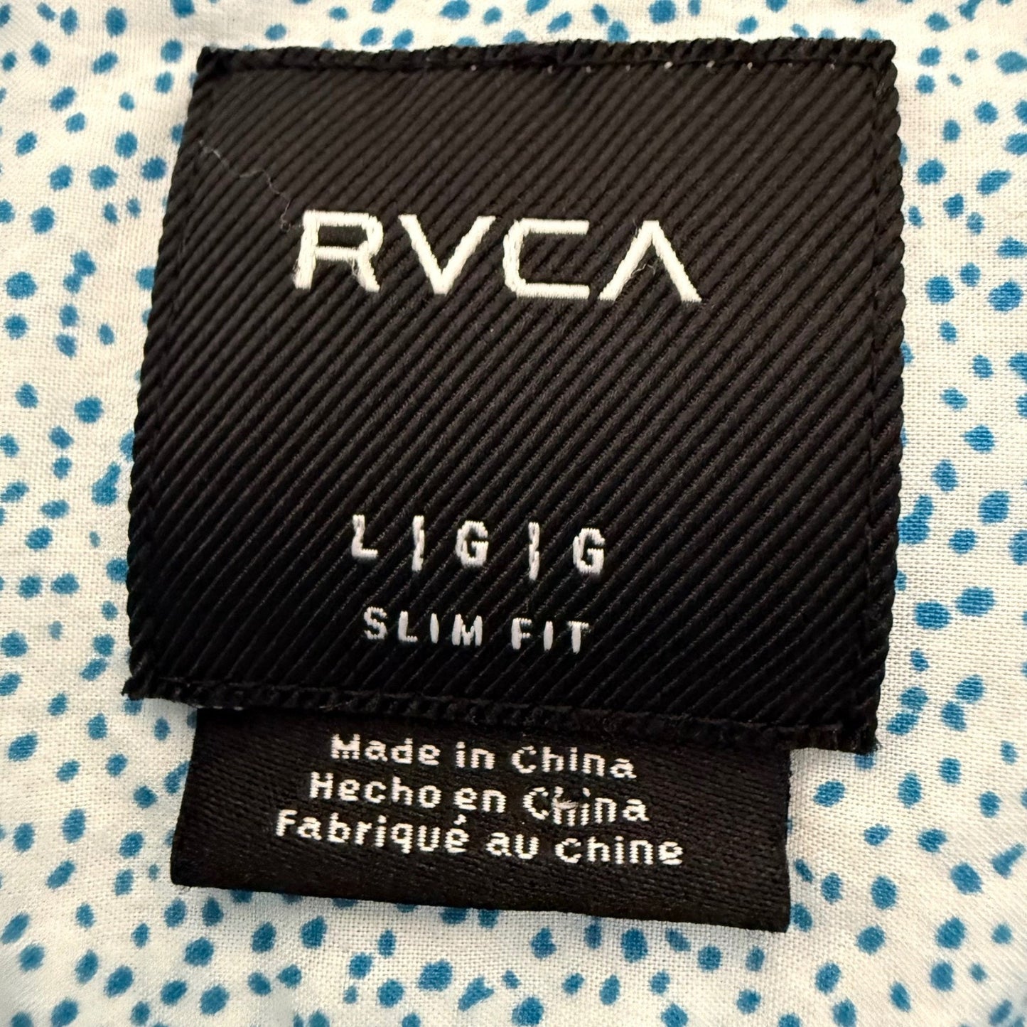 RVCA Mens Large Slim Fit Short Sleeve Button Up Shirt Blue Micro Dot Casual