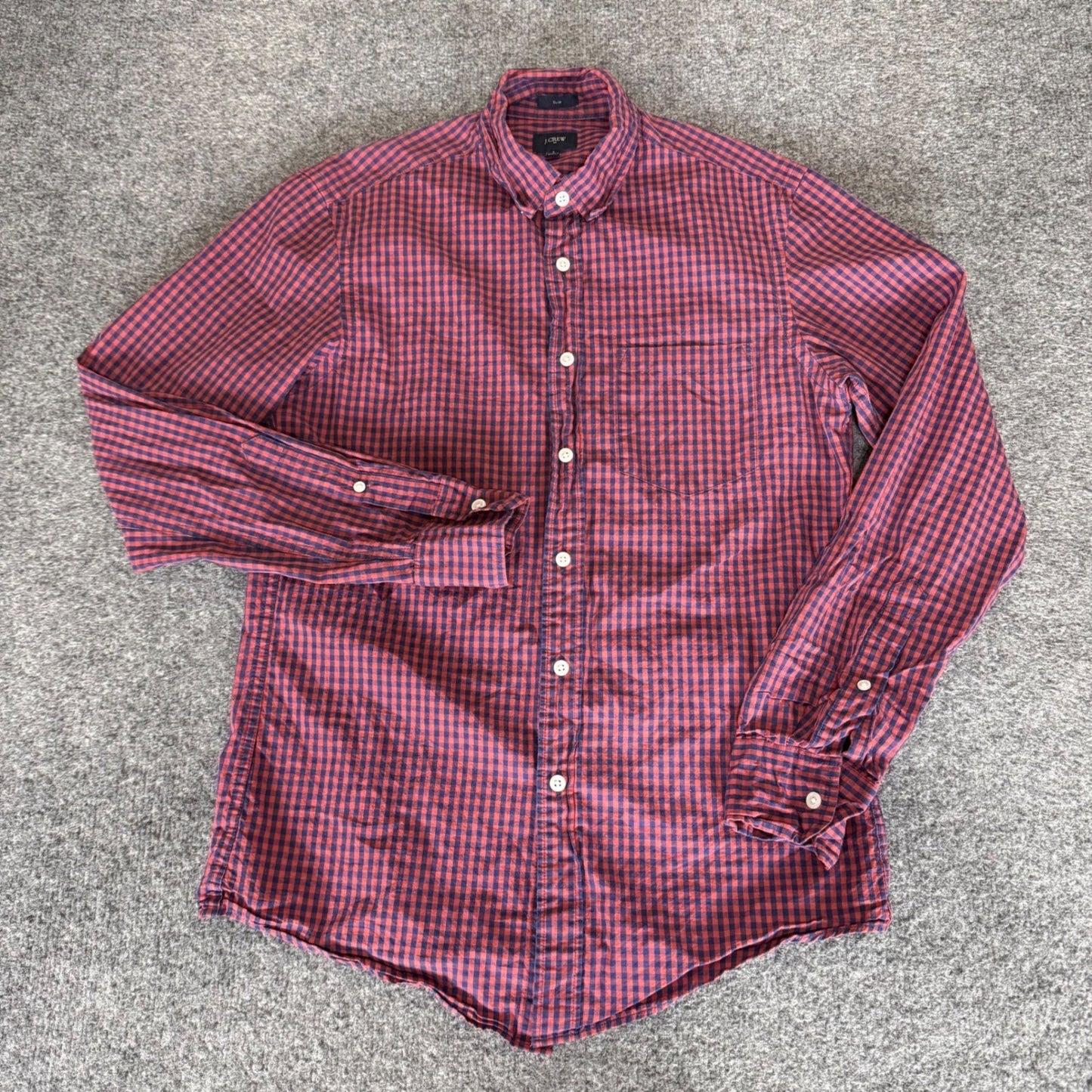 J.Crew Mens Slim Fit Gingham Button Up Shirt Red Navy Blue Cotton Small Casual