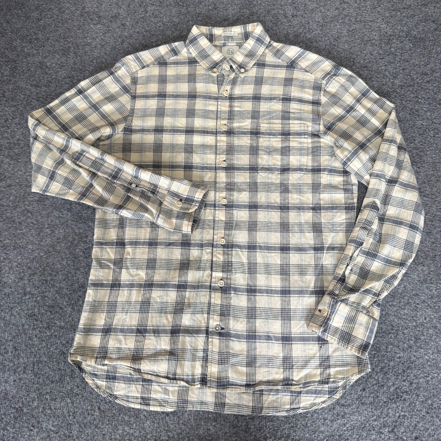 Taylor Stitch Mens 40 Plaid Button Down Shirt Cream Blue Cotton Medium Casual