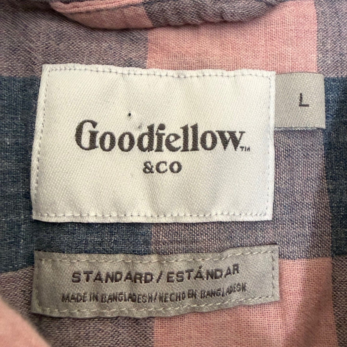 Goodfellow Mens Large Pink Blue Buffalo Plaid Short Sleeve Button Up Shirt Large