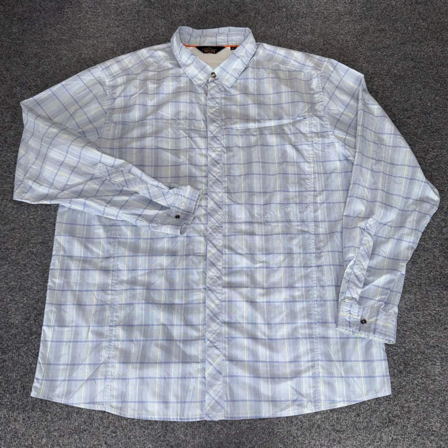 Orvis Trout Bum Mens XL Plaid Fishing Shirt Long Sleeve Blue Yellow Button Up
