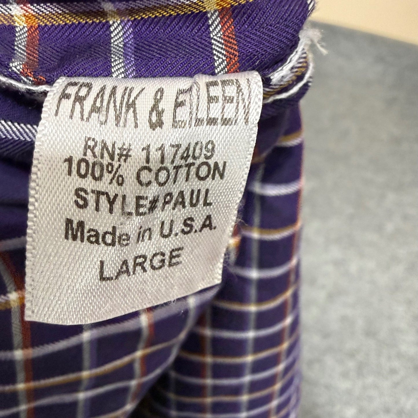 Frank & Eileen Paul Shirt Mens Large Purple Plaid Button Down Cotton Made in USA