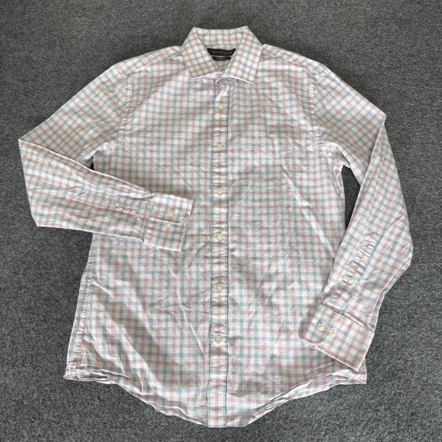 Tommy Hilfiger Mens Slim Fit Plaid Button Down Shirt Red Blue White 15 32/33 M