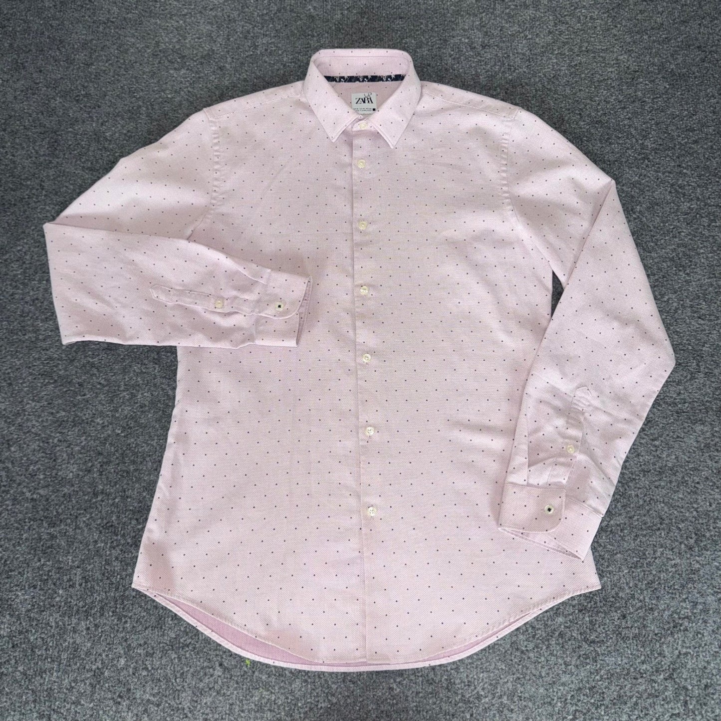 Zara Man Slim Fit Pink Micro Dot Long Sleeve Button Up Shirt Mens Medium Casual