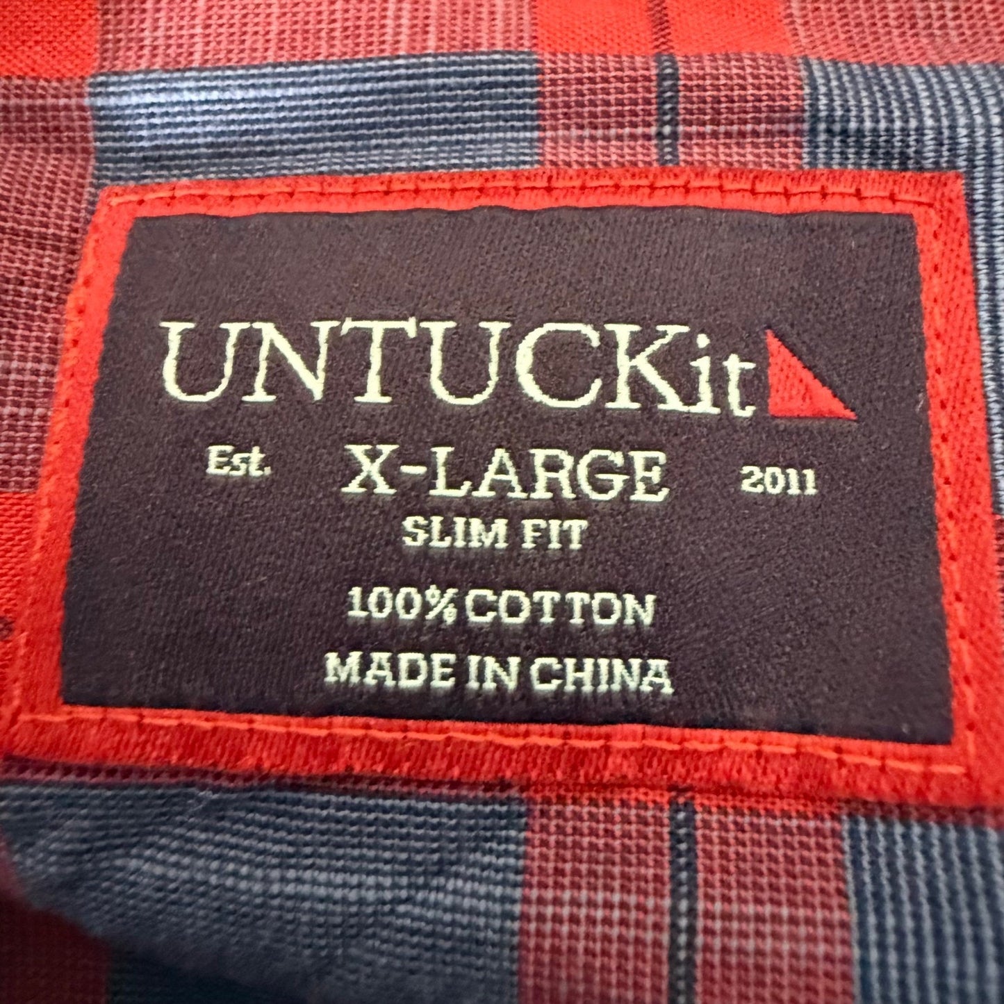 UNTUCKit Mens XL Slim Fit Red Navy Blue Plaid Cotton Long Sleeve Button Up Shirt