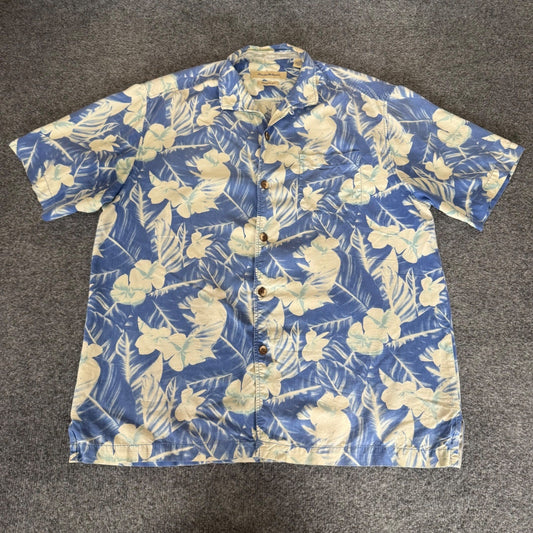 Tommy Bahama Mens Large Blue Floral 100% Silk Short Sleeve Button Up Shirt Aloha