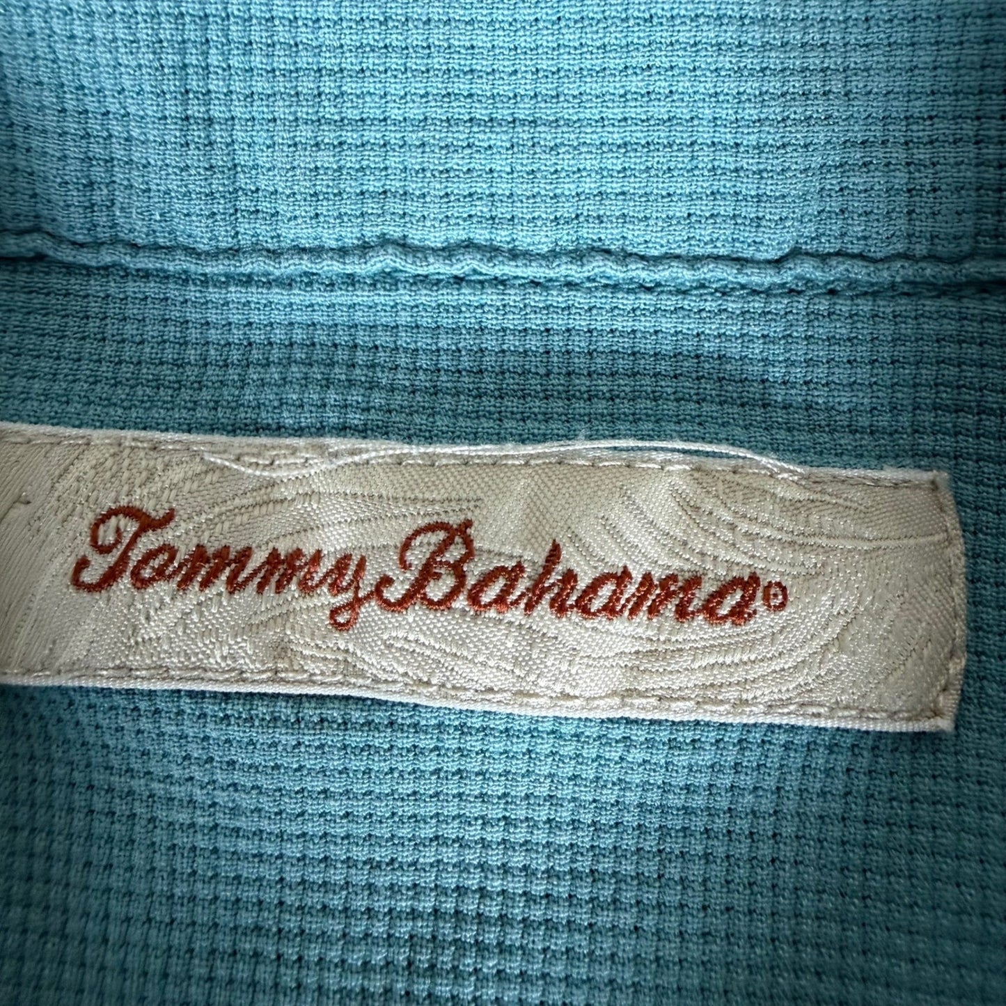 Tommy Bahama Men XL Silk Hawaiian Shirt Teal Aloha Short Sleeve Button Up Resort