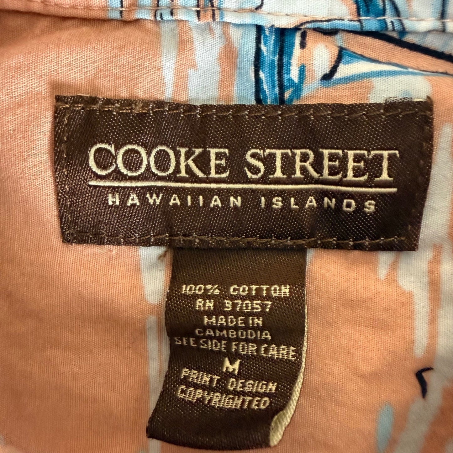 Cooke Street Men Hawaiian Shirt Medium Peach Blue Tropical Sailboat Cotton Aloha