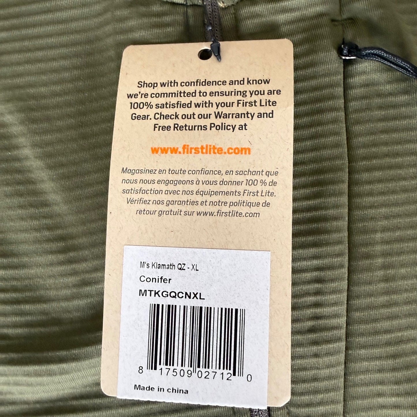 First Lite Klamath 1/4 Zip Fleece Pullover Mens XL Conifer Green Hunting Outdoor