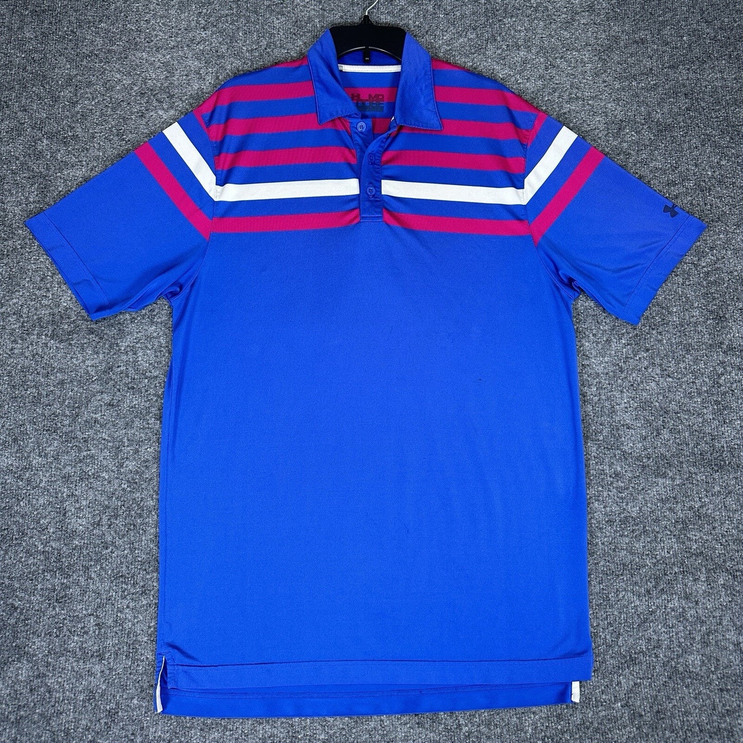 Under Armour Polo Shirt Mens Medium Blue Pink Striped Loose Golf Short Sleeve