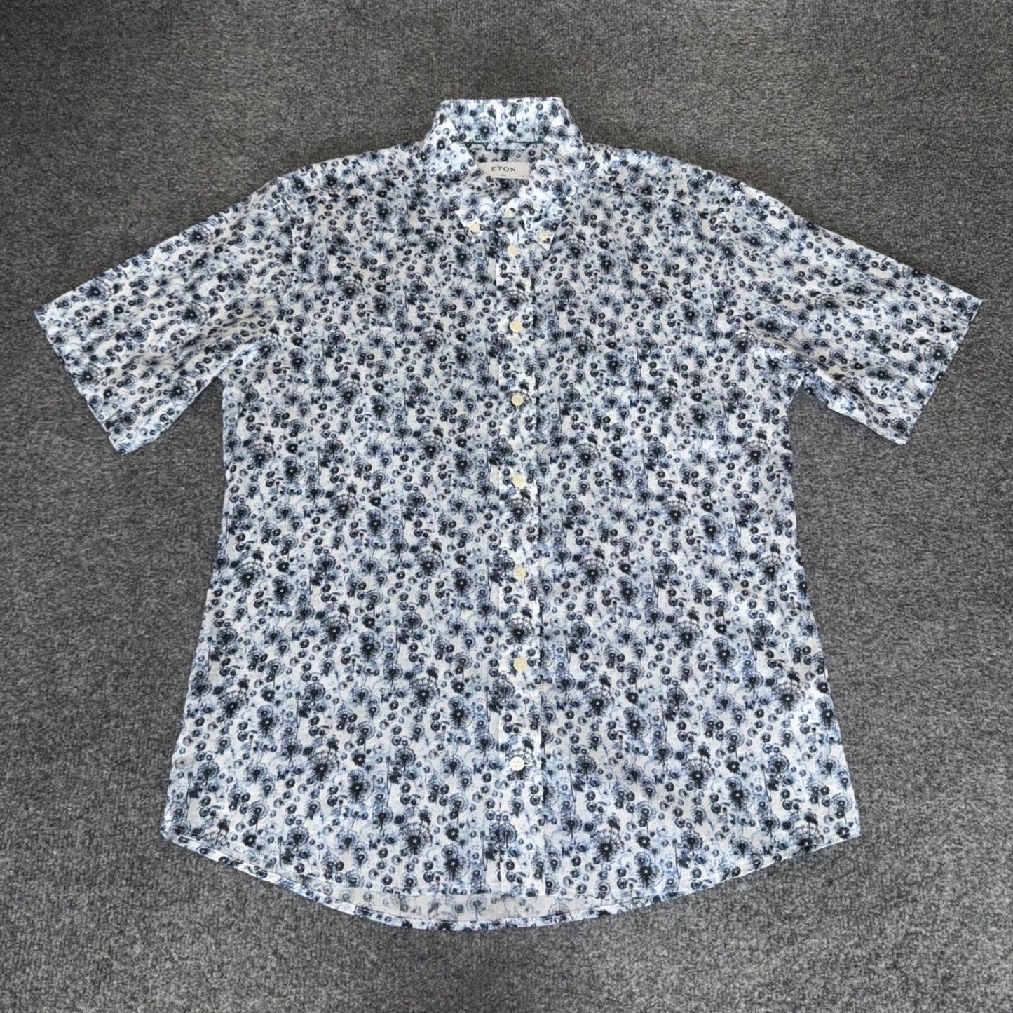 ETON Shirt Mens Large Size 42 16.5 Blue Floral Slim Fit Short Sleeve Button Down