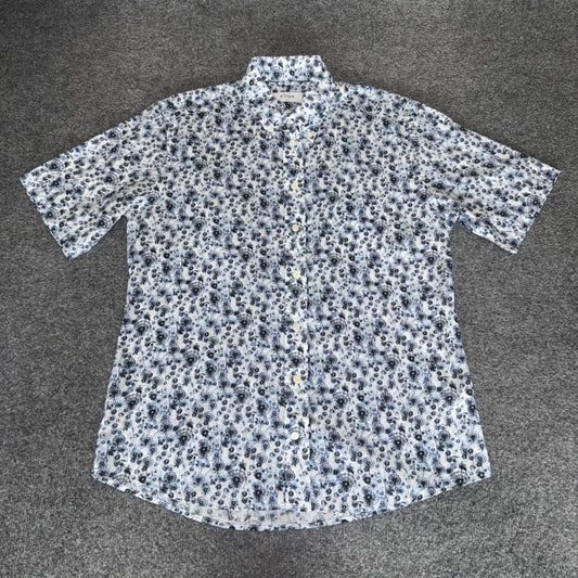 ETON Shirt Mens Large Size 42 16.5 Blue Floral Slim Fit Short Sleeve Button Down