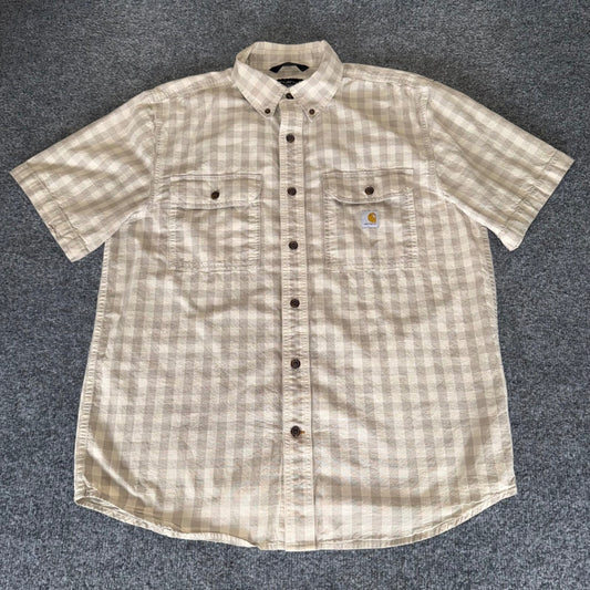 Carhartt Workwear Button Up Shirt Short Sleeve Loose Fit Tan Plaid Mens Medium