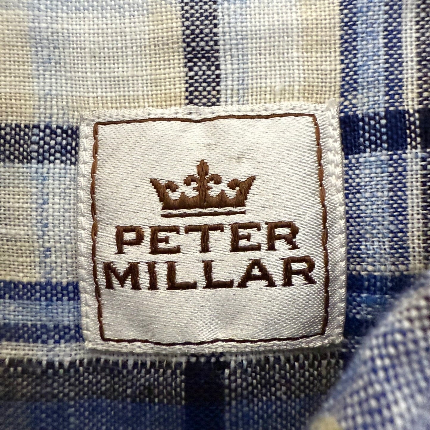 Peter Millar Linen Shirt Blue Plaid Button Up Long Sleeve Casual Men's Medium