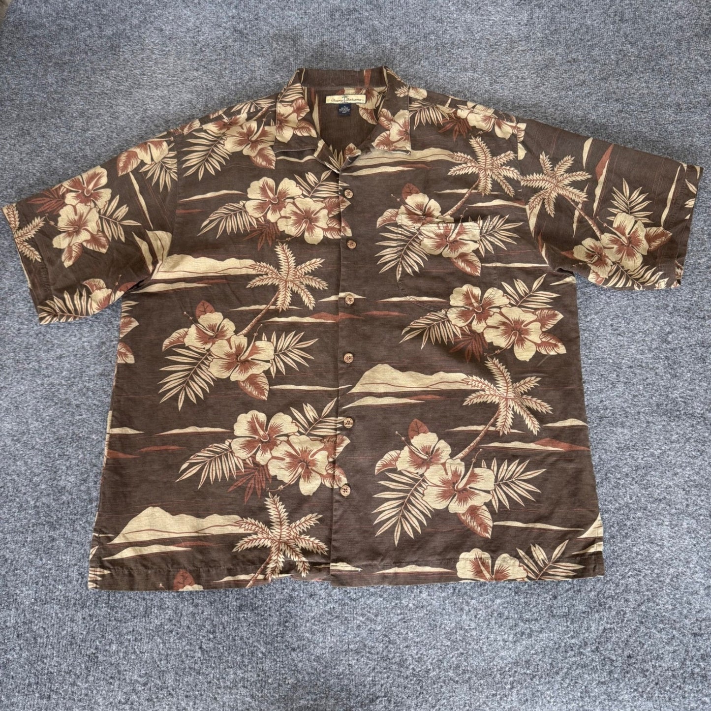 Tommy Bahama Hawaiian Shirt Men XL Brown 100% Silk Palm Tree Floral Aloha Resort