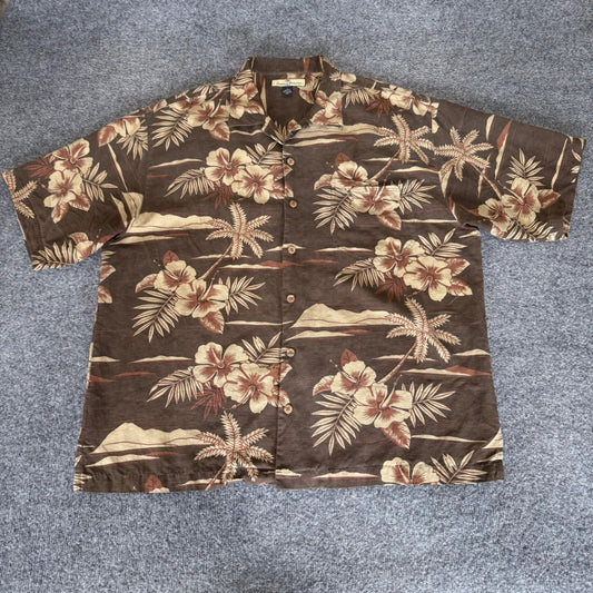 Tommy Bahama Hawaiian Shirt Men XL Brown 100% Silk Palm Tree Floral Aloha Resort