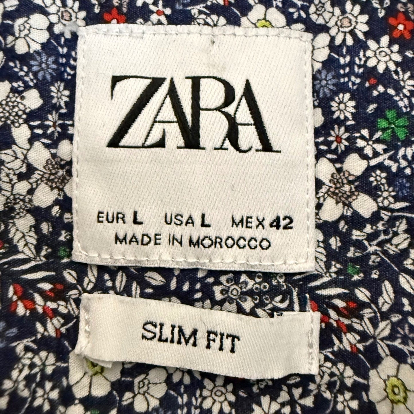 Zara Man Slim Fit Floral AOP Short Sleeve Button Down Shirt Blue Large Mens