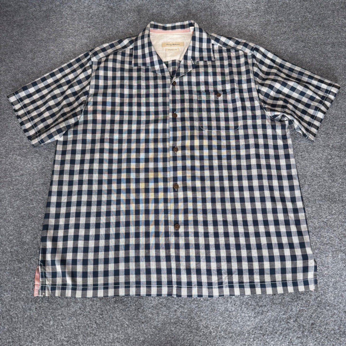 Tommy Bahama Shirt Mens XL Silk Gingham Button Up Short Sleeve Summer Resort Top