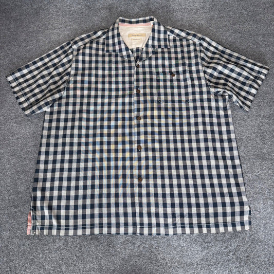 Tommy Bahama Shirt Mens XL Silk Gingham Button Up Short Sleeve Summer Resort Top