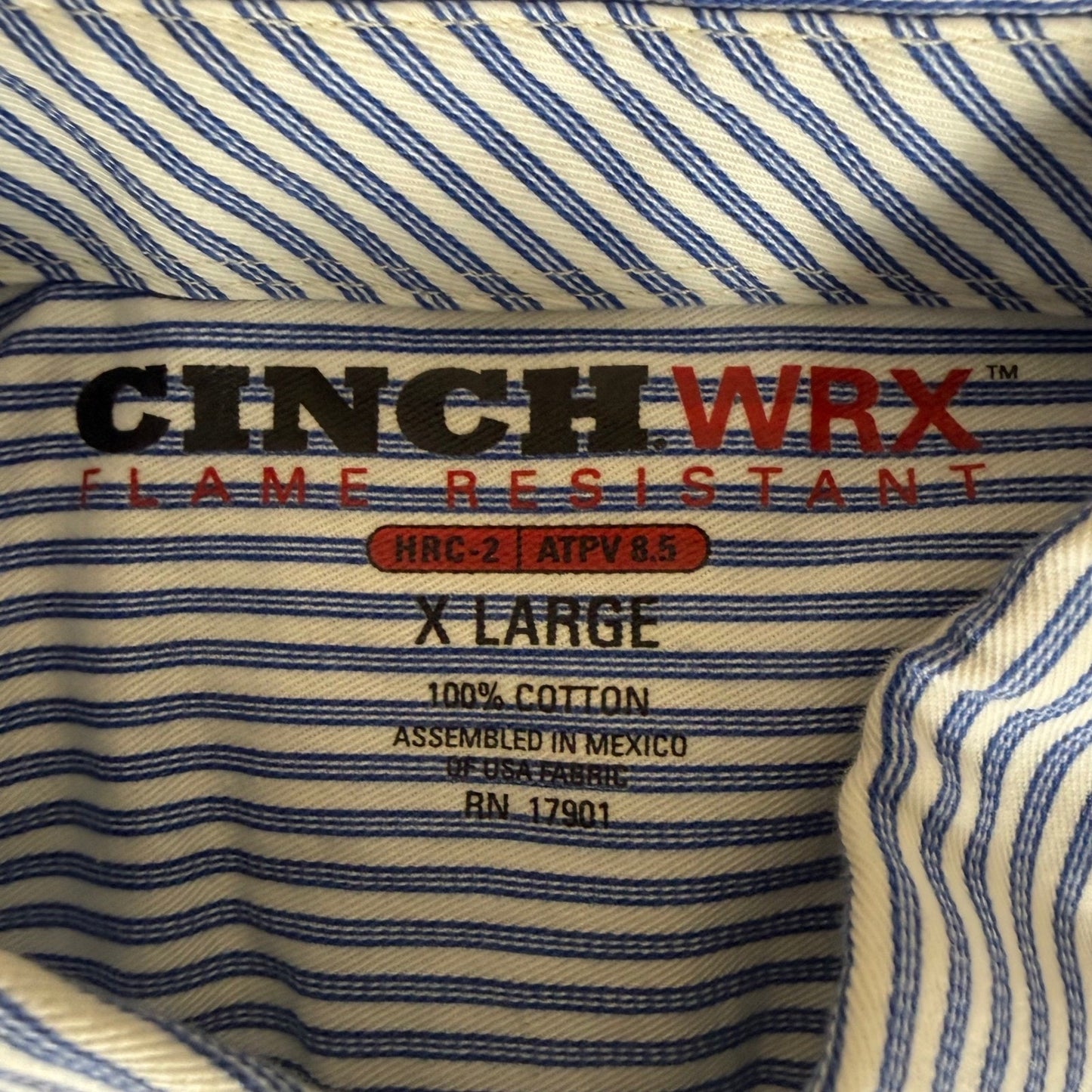 Cinch WRX Mens XL Flame Resistant FR Work Shirt Blue White Stripe NFPA 2112 HRC2