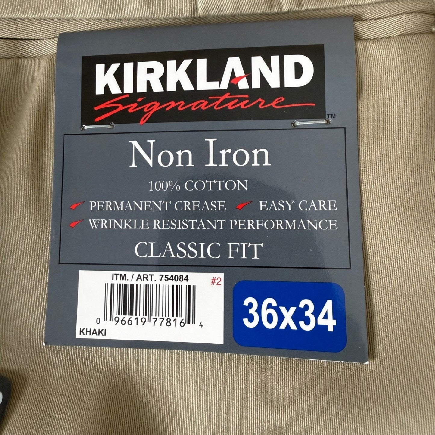 Kirkland Signature Mens Non Iron Khaki Chinos Classic Fit 36x34 Tan Casual Pants