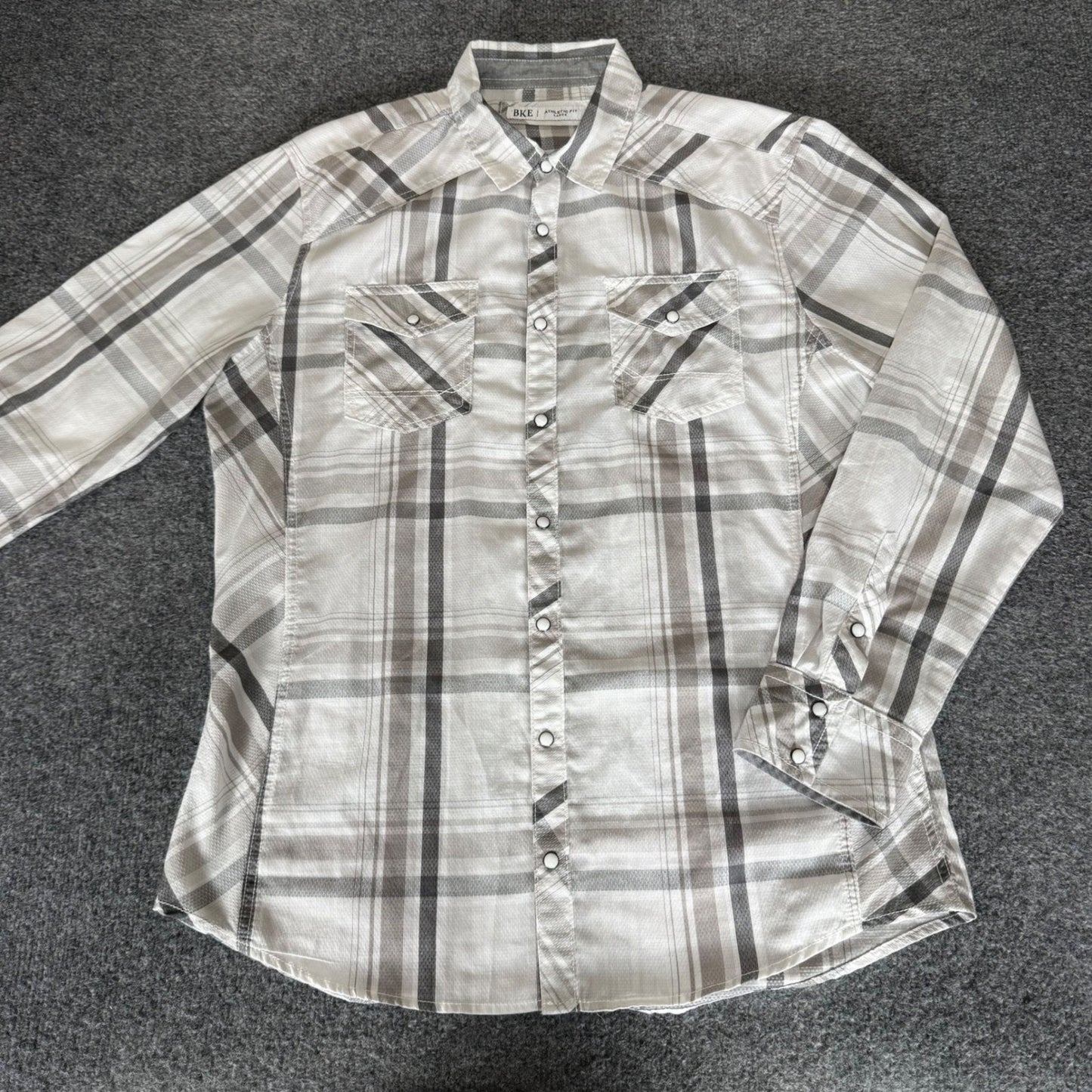 BKE Mens Large Athletic Fit Plaid Long Sleeve Pearl Snap Shirt Gray White Casual
