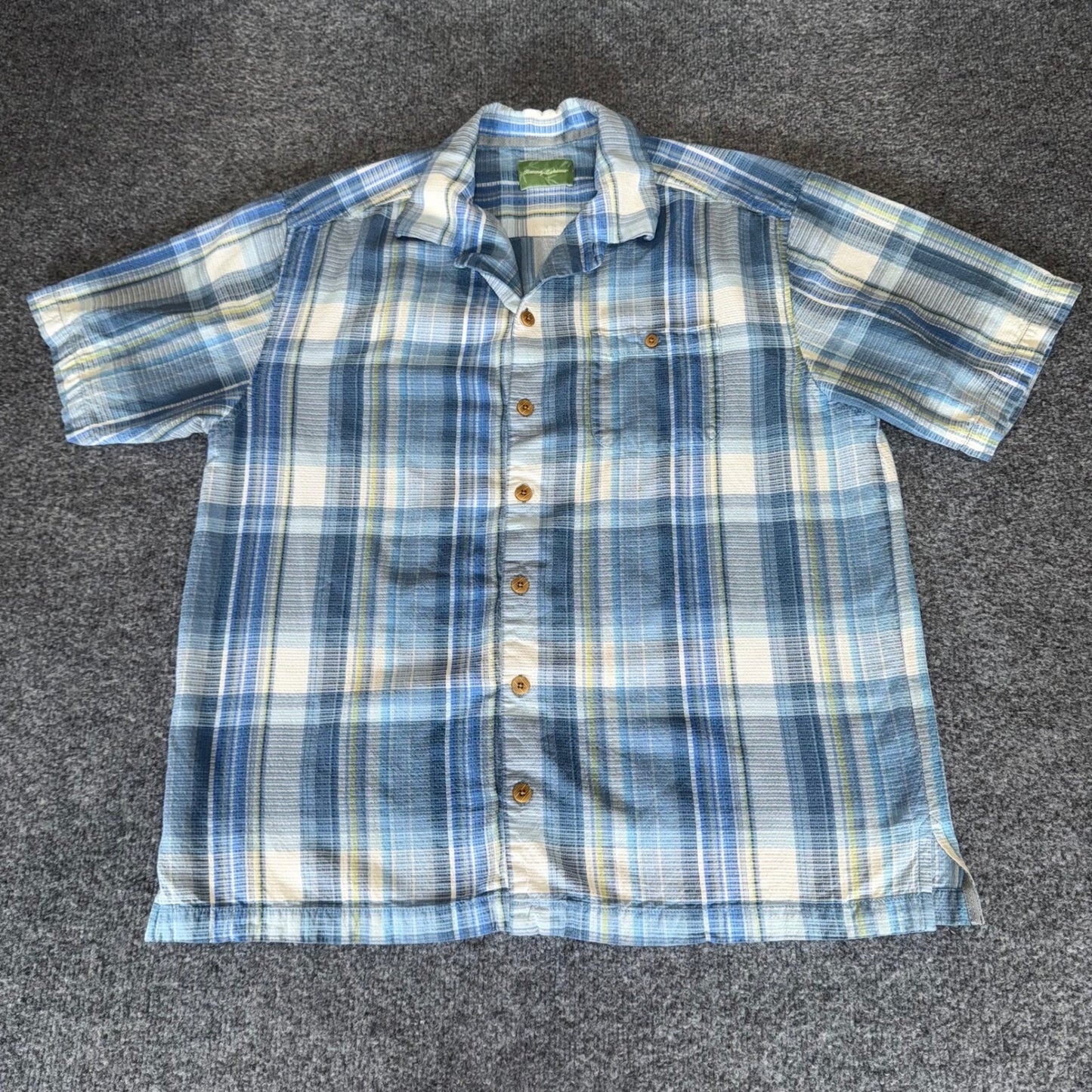 Tommy Bahama Silk Plaid Button Up Shirt Mens Large Short Sleeve Blue Casual