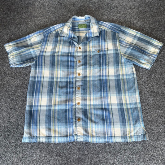 Tommy Bahama Silk Plaid Button Up Shirt Mens Large Short Sleeve Blue Casual