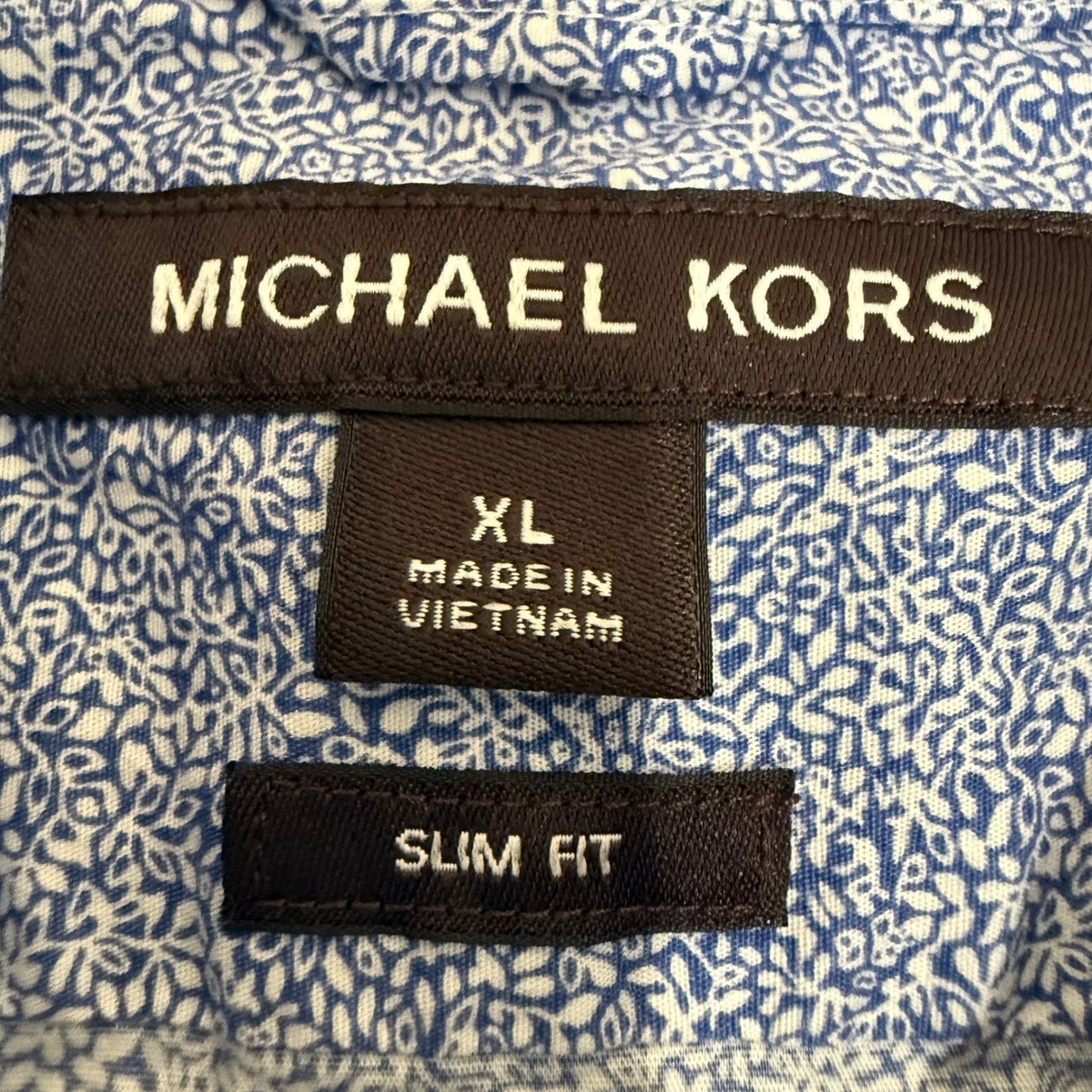 Michael Kors Mens XL Slim Fit Blue White Floral Button Down Long Sleeve Shirt