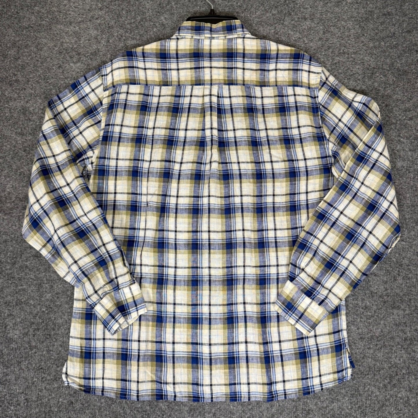 Peter Millar Linen Shirt Blue Plaid Button Up Long Sleeve Casual Men's Medium