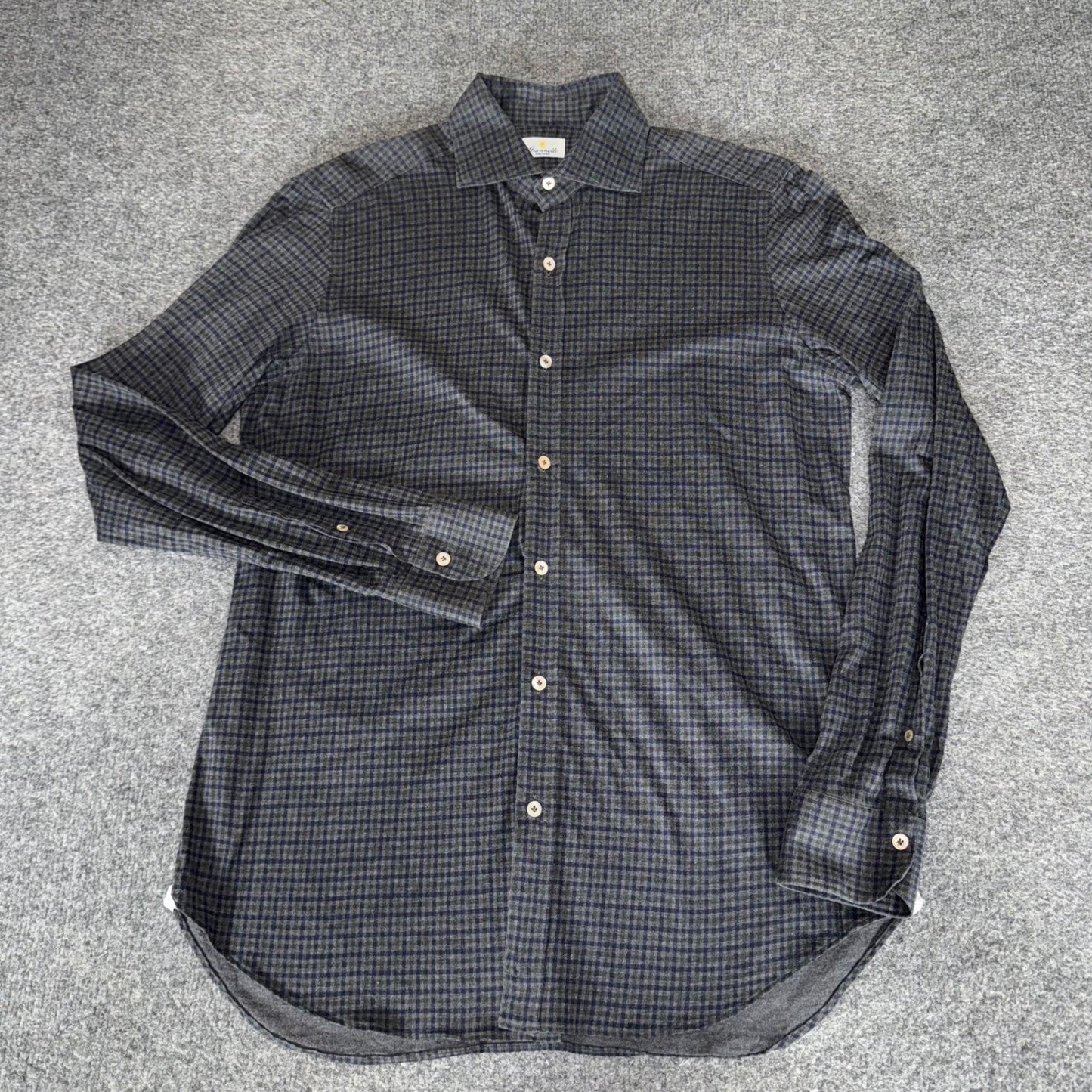 Giannetto Portofino Mens Flannel Shirt Grey Blue Micro Check Made in Italy M