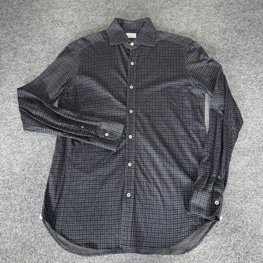 Giannetto Portofino Mens Flannel Shirt Grey Blue Micro Check Made in Italy M