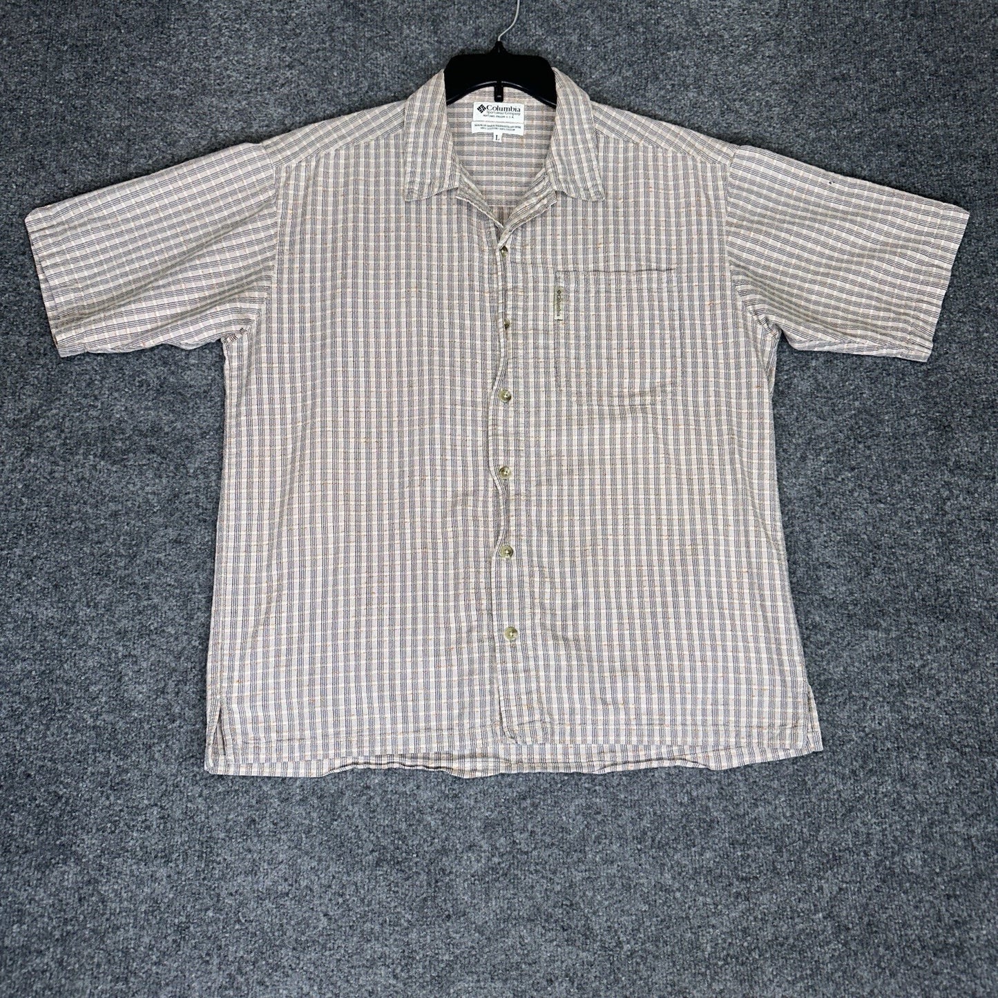 Columbia Shirt Mens Large Tan Plaid Short Sleeve Button Up Pocket Seersucker