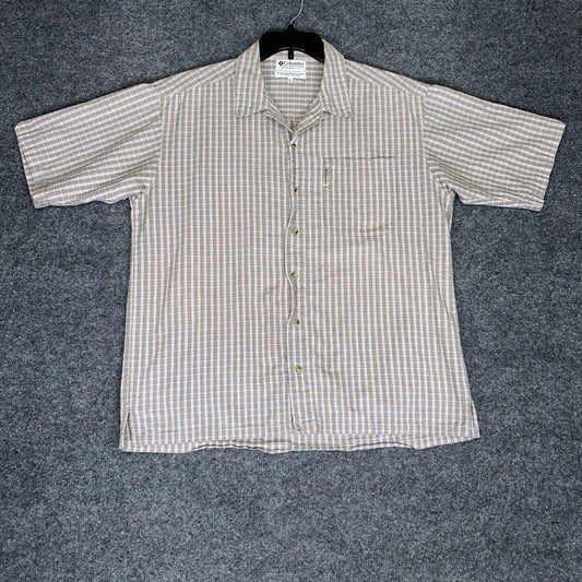 Columbia Shirt Mens Large Tan Plaid Short Sleeve Button Up Pocket Seersucker