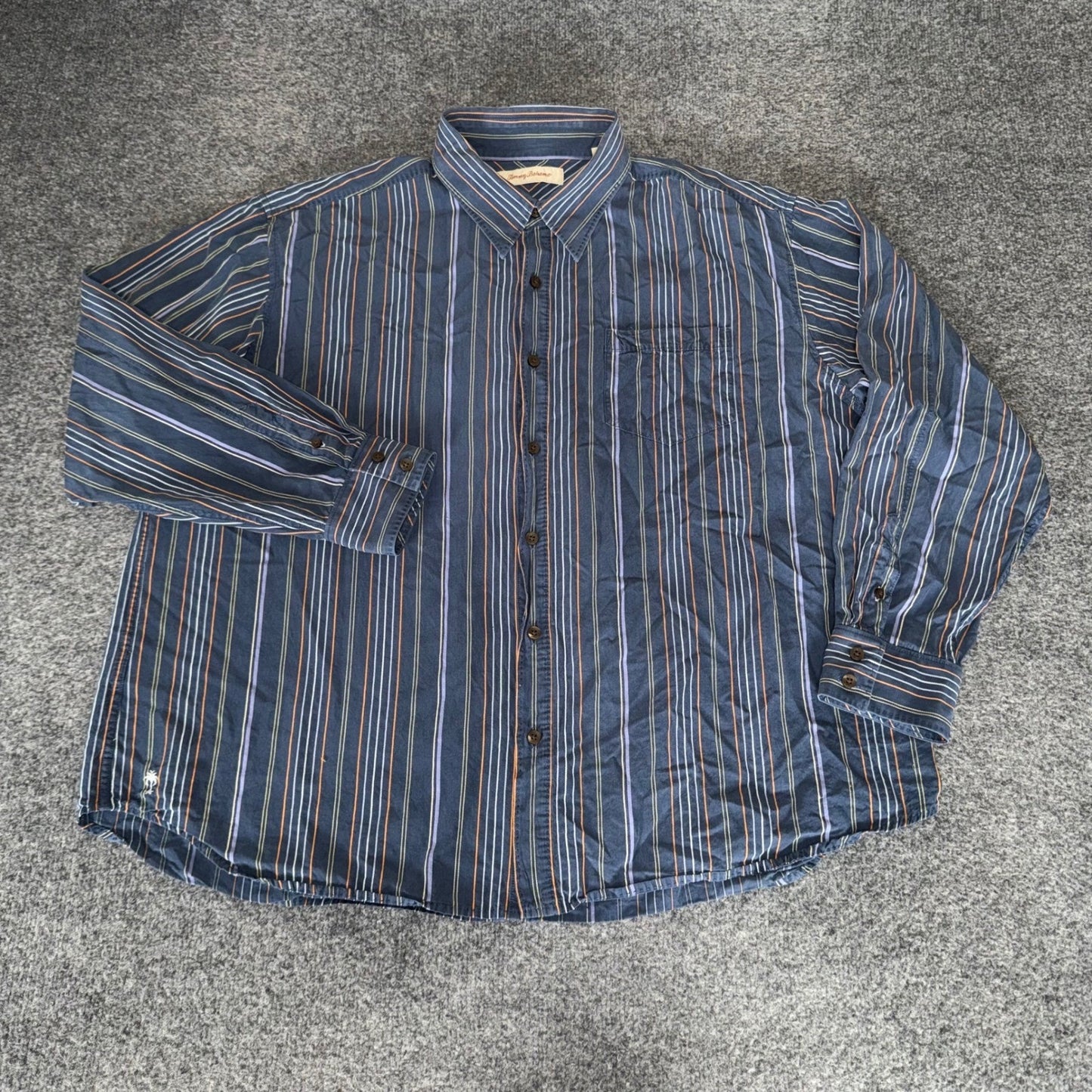 Tommy Bahama Mens XXL Blue Striped 100% Silk Long Sleeve Button Up Shirt Casual