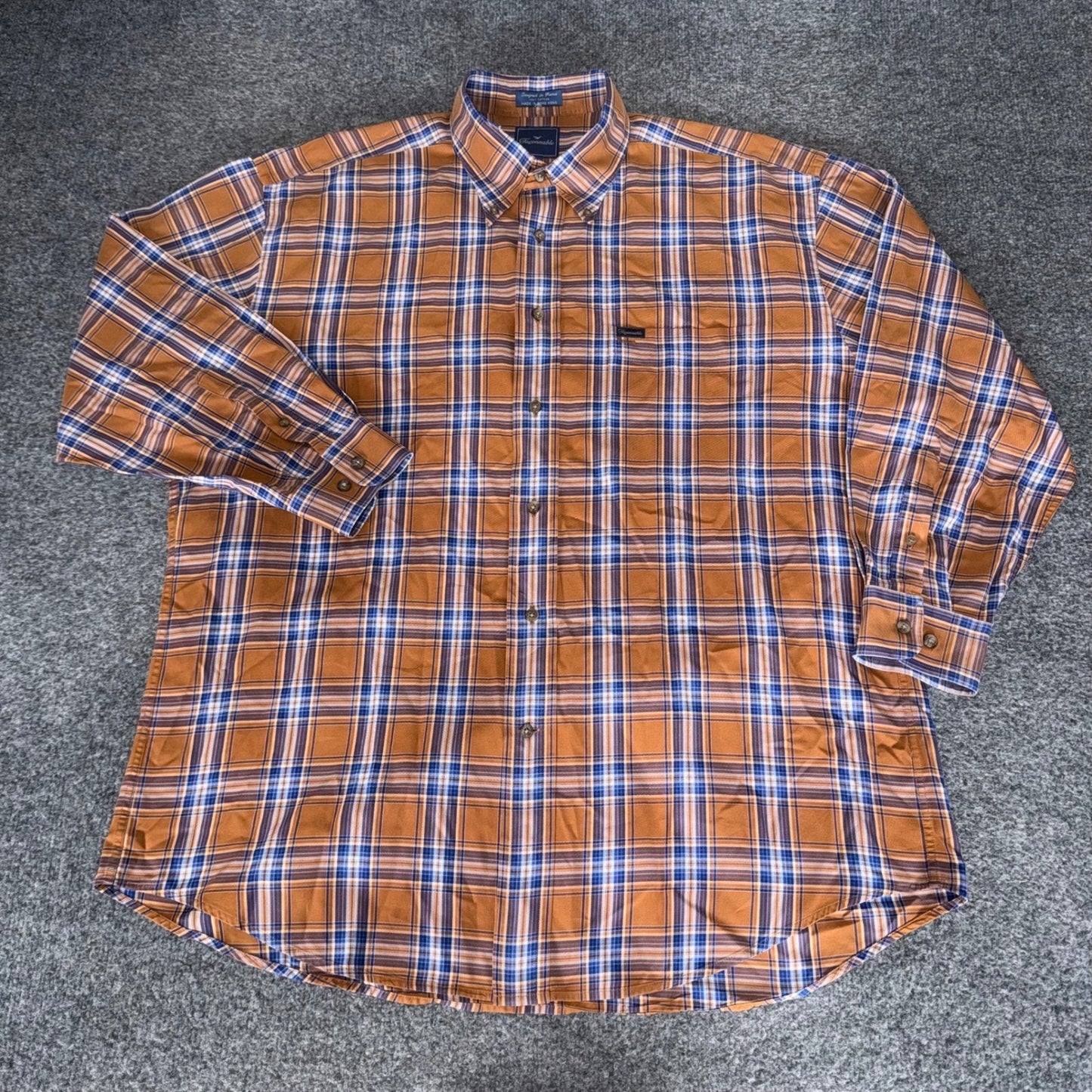 Faconnable Mens XL Orange Blue Plaid Cotton Button Down Shirt Long Sleeve Casual
