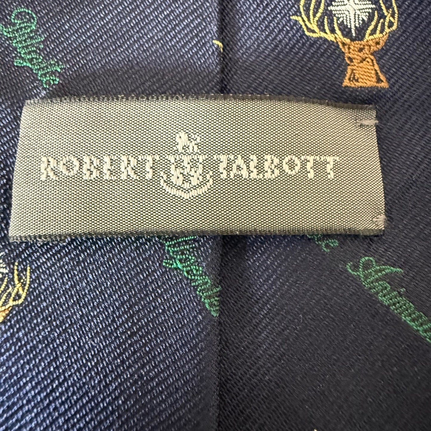 Robert Talbott Mens Silk Tie Navy Blue Stag Deer Hand Sewn USA Necktie Classic