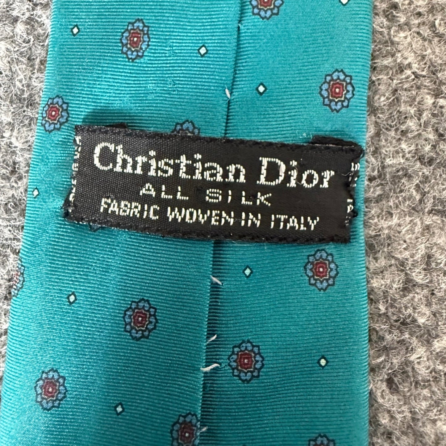 Christian Dior Mens Silk Tie Teal Green Floral Medallion Woven Italy Office