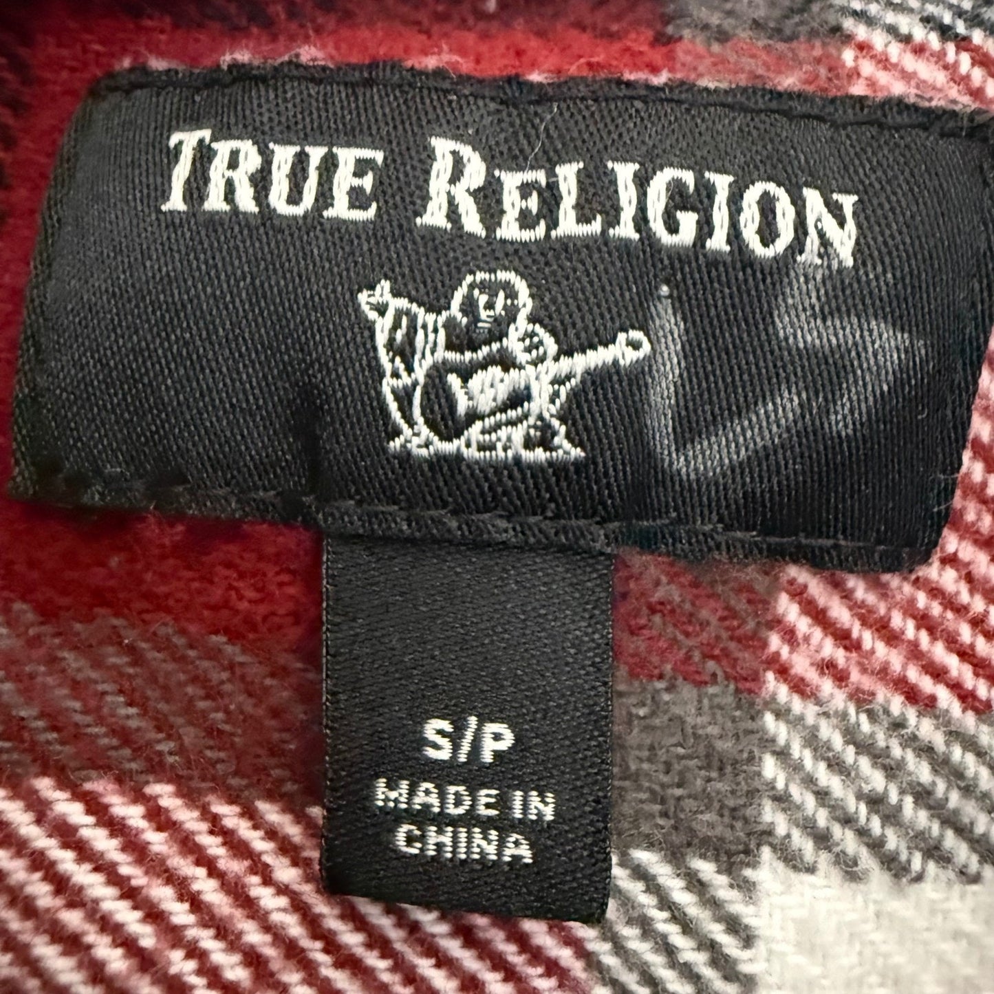True Religion Mens Small Plaid Flannel Button Up Shirt Red Long Sleeve Western