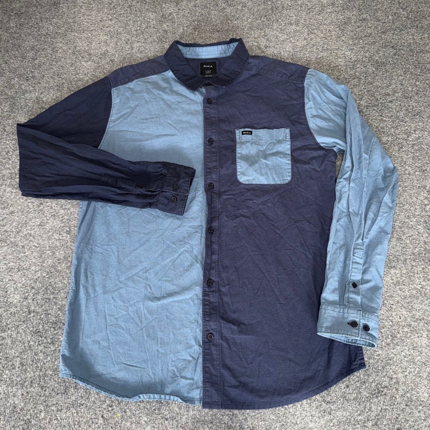 RVCA Mens Blue Colorblock Long Sleeve Button Down Slim Fit Shirt Large
