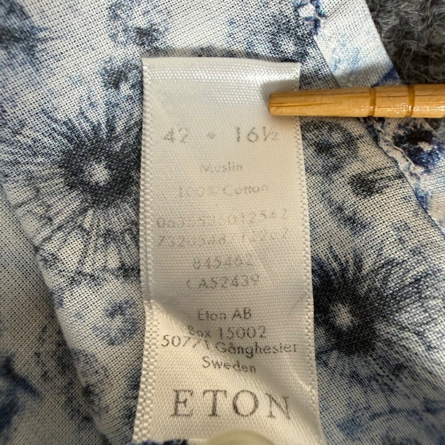 ETON Shirt Mens Large Size 42 16.5 Blue Floral Slim Fit Short Sleeve Button Down