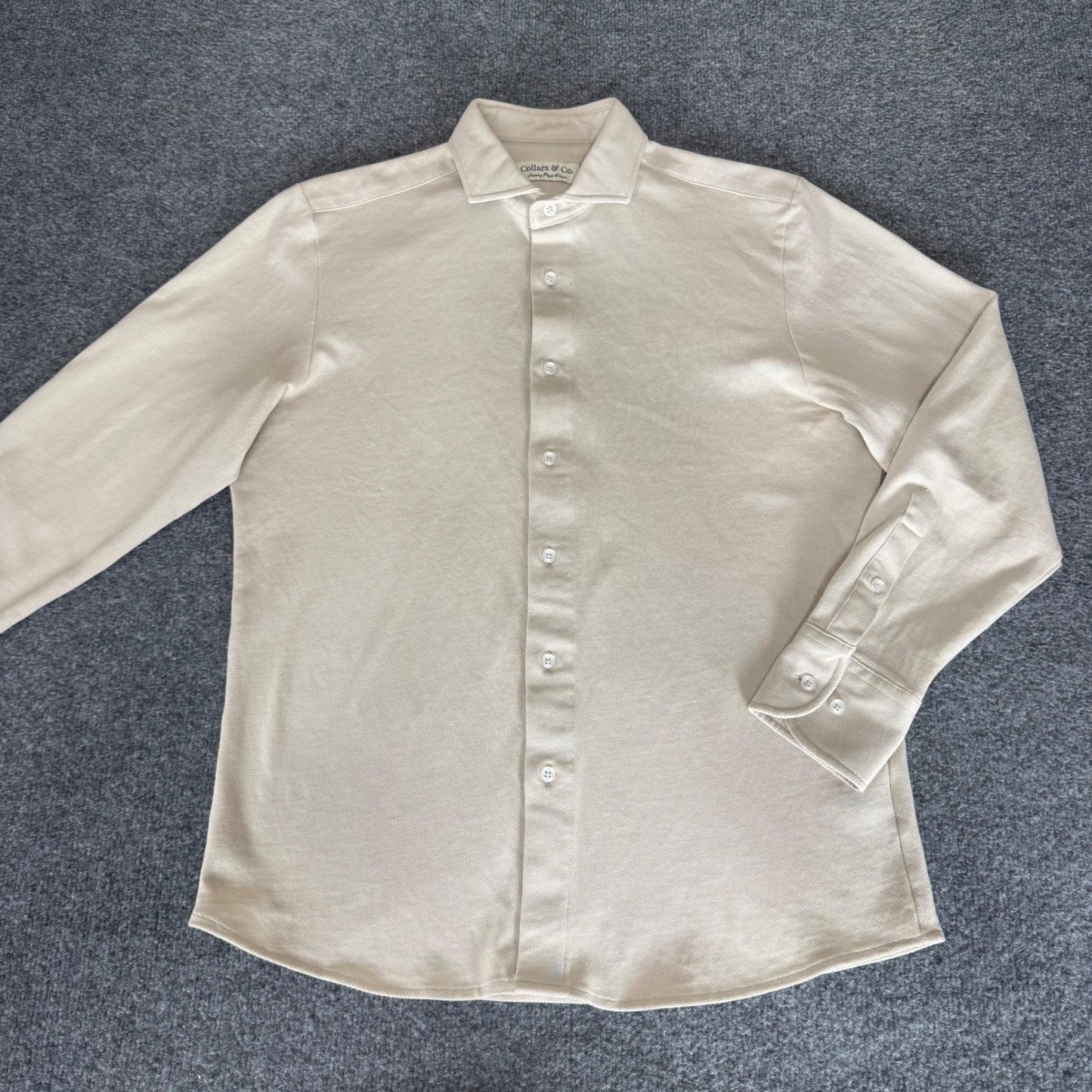 Collars & Co Shirt Mens M Beige Luxury Pique Cotton Long Sleeve Button Up Casual