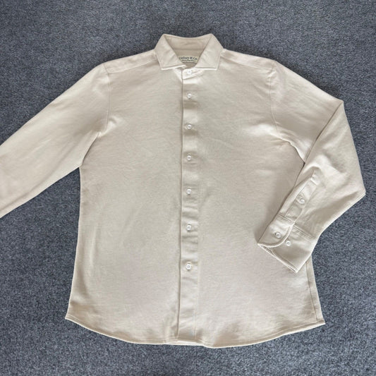 Collars & Co Shirt Mens M Beige Luxury Pique Cotton Long Sleeve Button Up Casual