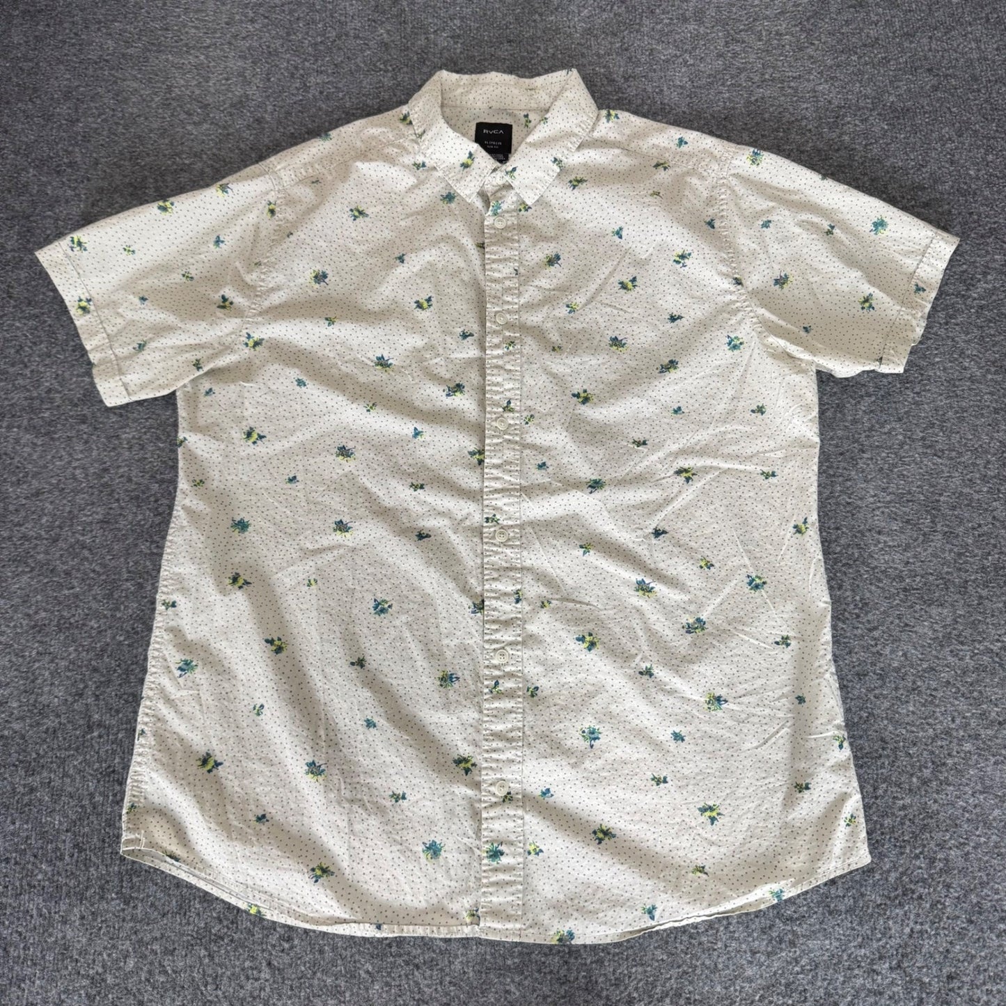 RVCA Mens XL Slim Fit Short Sleeve Button Down Shirt Floral Micro Dot Cotton