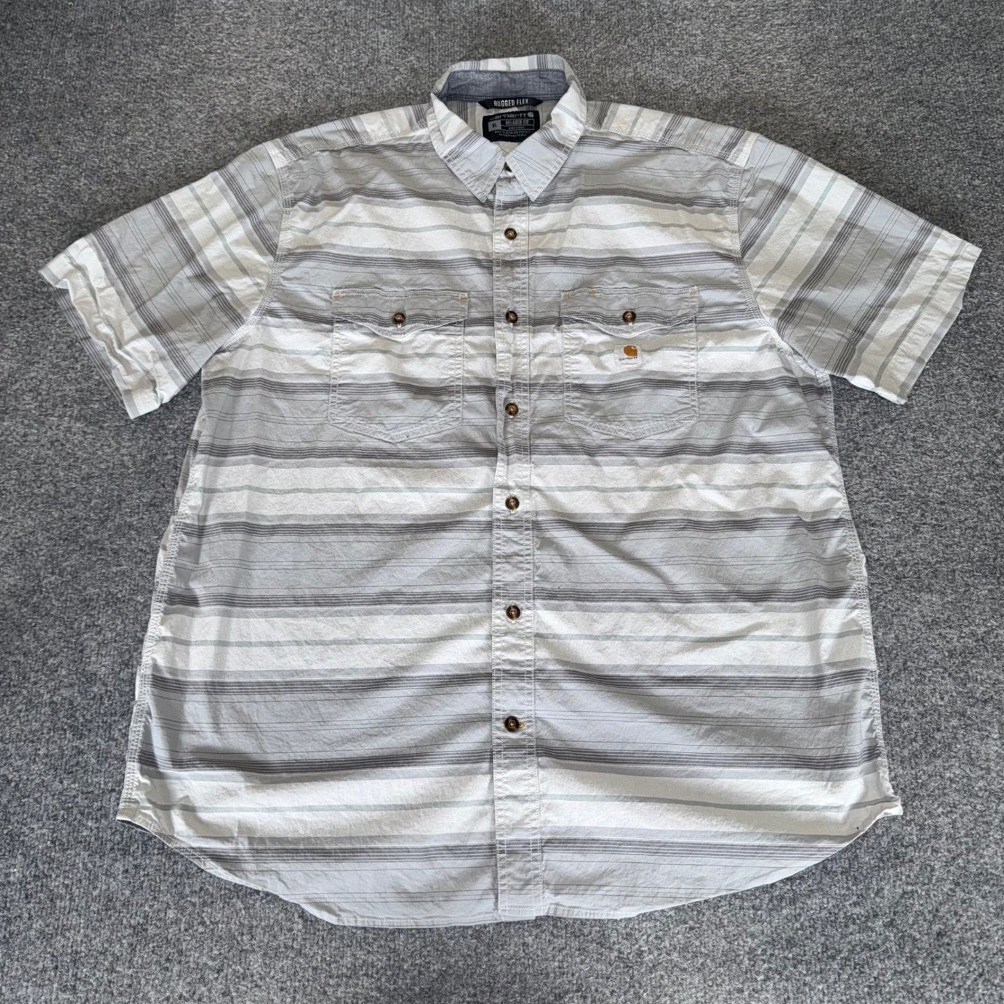 Carhartt Shirt Rugged Flex Mens XL Gray Striped Relaxed Short Sleeve Button Up