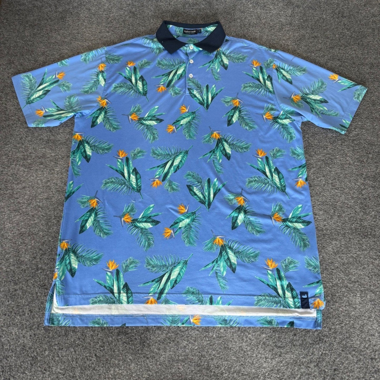 Southern Marsh Mens XL Tropical Bird of Paradise Performance Polo Shirt Blue
