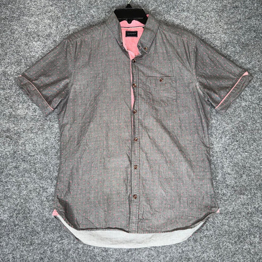 7 Diamonds Button Down Shirt Men Medium Gray Pink Dot Short Sleeve Casual Modern