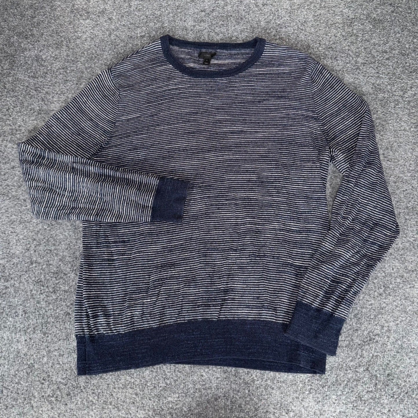 J.Crew Mens L Navy Blue White Striped Crewneck Sweater Cotton Classic Pullover