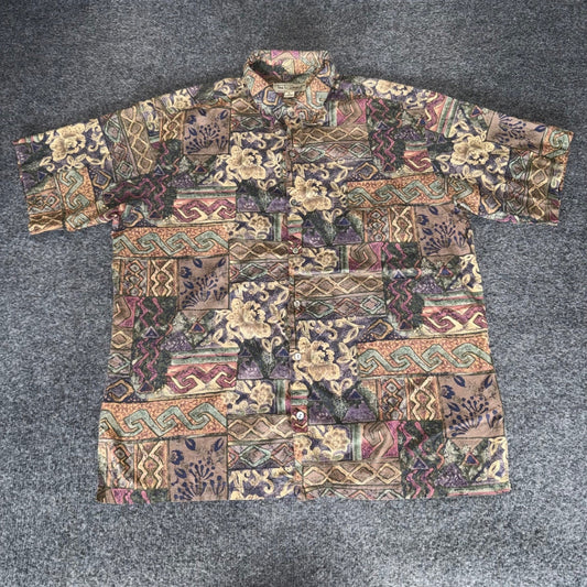 Tori Richard Mens Large Boho Patchwork Tapestry Short Sleeve Button Up Shirt VTG